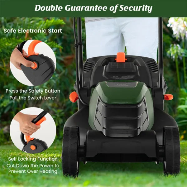 12 Ampere 13.5 Inch Electric Rope Lawn Mower With Dual Safety Switches Green