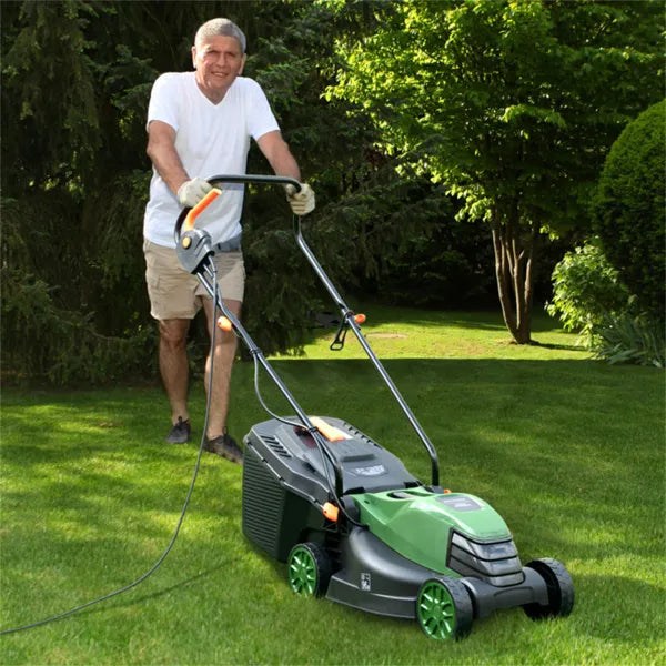 12 Ampere 13.5 Inch Electric Rope Lawn Mower With Dual Safety Switches Green