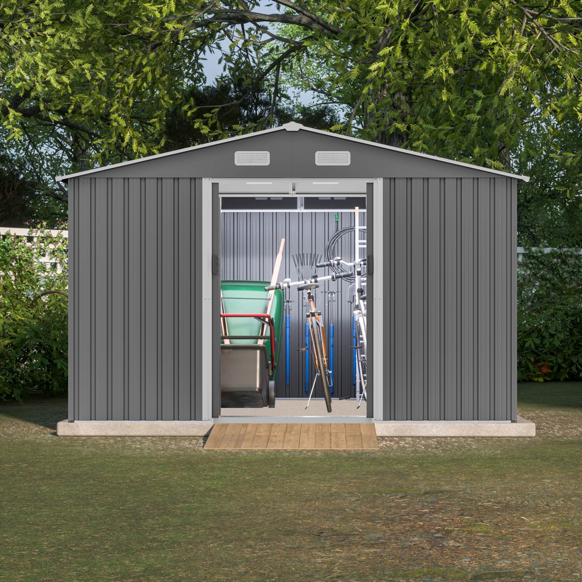 10X8 FT Outdoor Storage Shed, Metal Foundation & Lockable Doors, Tool Shed For Garden, Patio, Backyard, Lawn, Grey - Decindoor