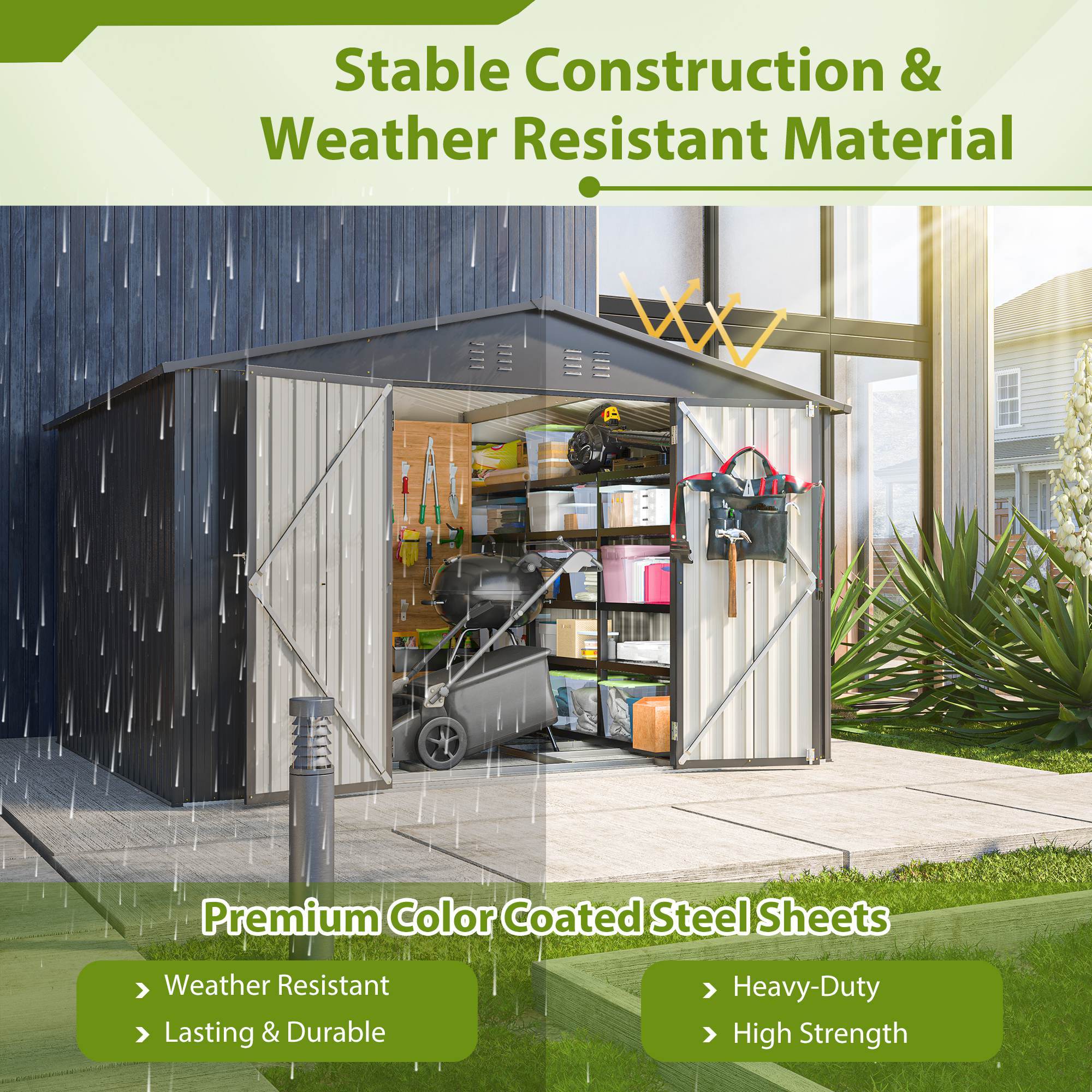 10X8 FT Outdoor Storage Shed, All Weather Metal Sheds With Lockable Doors, Tool Shed For Garden, Patio, Backyard, Lawn, Black - Decindoor