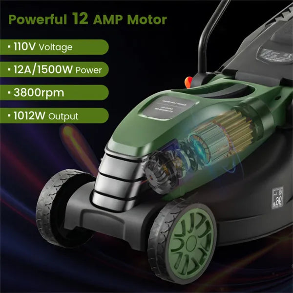 12 Ampere 13.5 Inch Electric Rope Lawn Mower With Dual Safety Switches Green