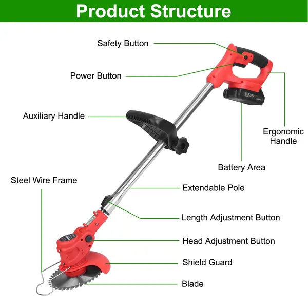 Cordless Electric Grass Trimmer with Rechargeable Batteries, Alloy & Plastic Blades